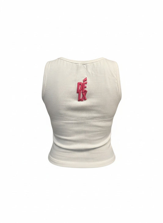 White sleeveless top with pink logo on a white background